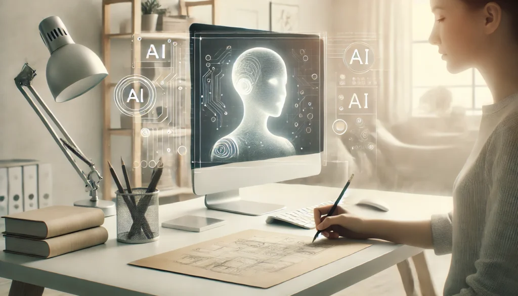 Minimalist modern workspace with a clean desk, a computer displaying subtle AI visuals, and a creative professional working on concepts, suggesting the integration of AI in the creative process.