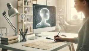 Minimalist modern workspace with a clean desk, a computer displaying subtle AI visuals, and a creative professional working on concepts, suggesting the integration of AI in the creative process.