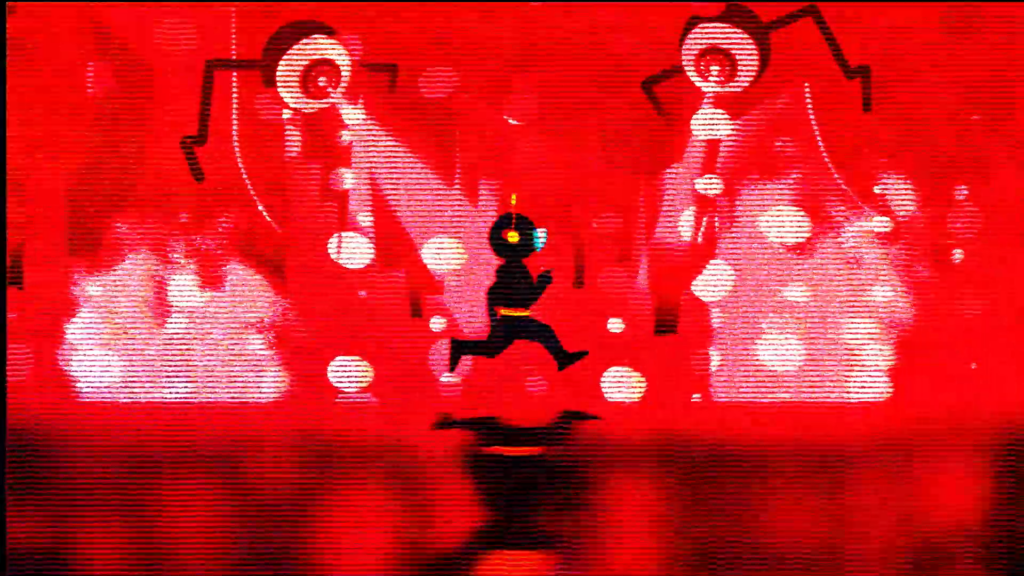 A digital motion graphic featuring a black, humanoid figure with glowing eyes and an antenna, running in front of a red background with abstract shapes, glowing lines, and spotlight effects.