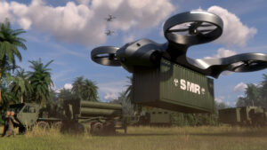 Futuristic military drone transporting an SMR container over a jungle base with military vehicles and personnel on the ground