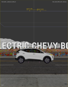 3D previs viewport showing a Chevy Bolt EV in a CG highway environment with camera and motion controls visible