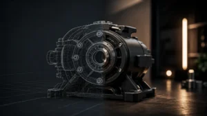 Industrial component shown as both a digital wireframe and a finished product, illustrating collaboration between engineering and marketing teams.
