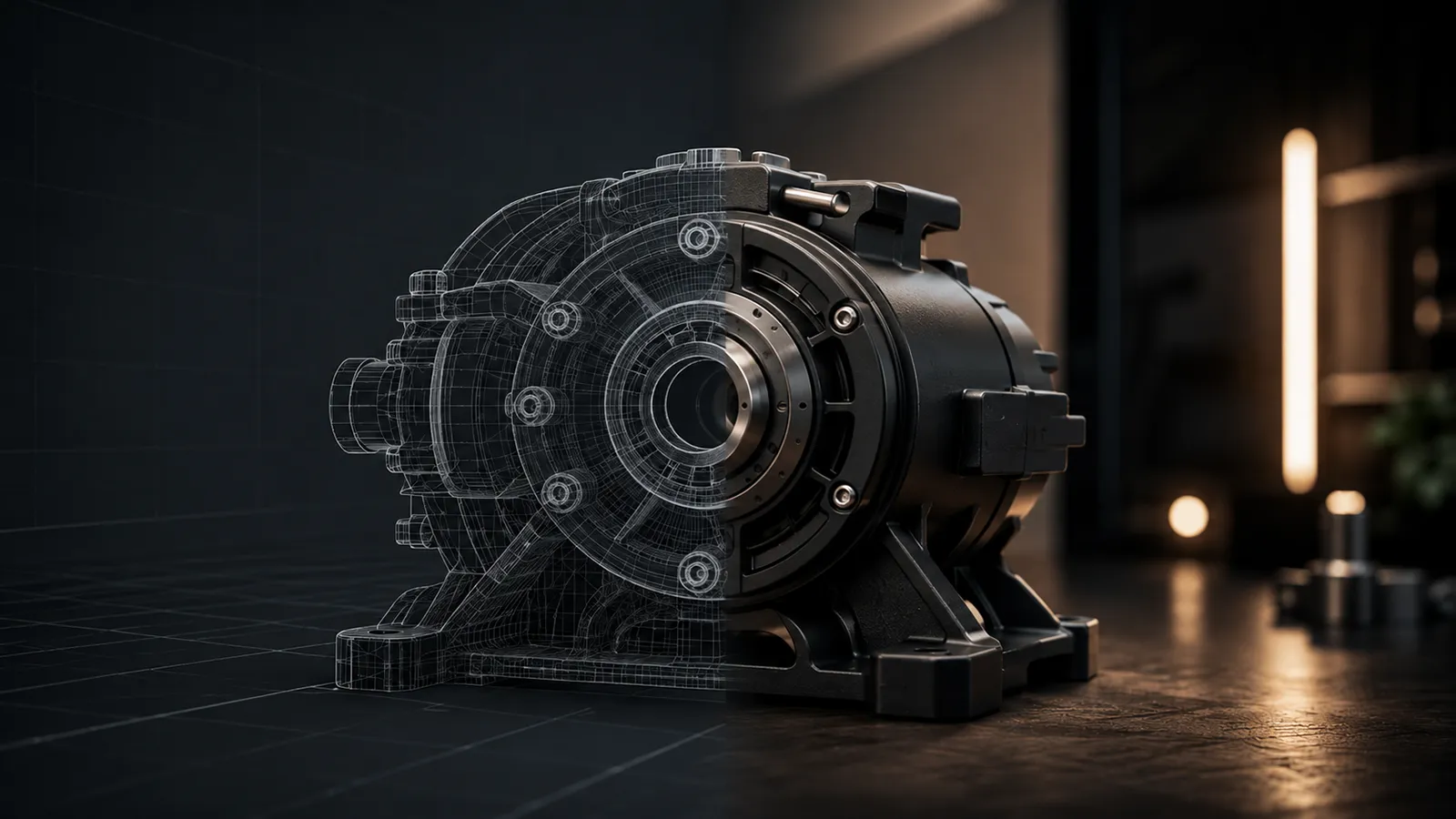 Industrial component shown as both a digital wireframe and a finished product, illustrating collaboration between engineering and marketing teams.