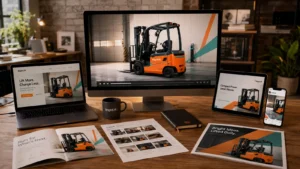 Hero video surrounded by social clips, web graphics, print layouts, and other reusable marketing assets.