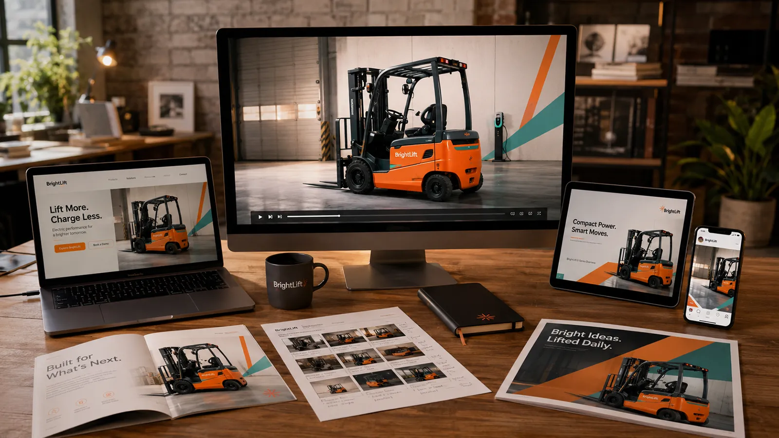 Hero video surrounded by social clips, web graphics, print layouts, and other reusable marketing assets.